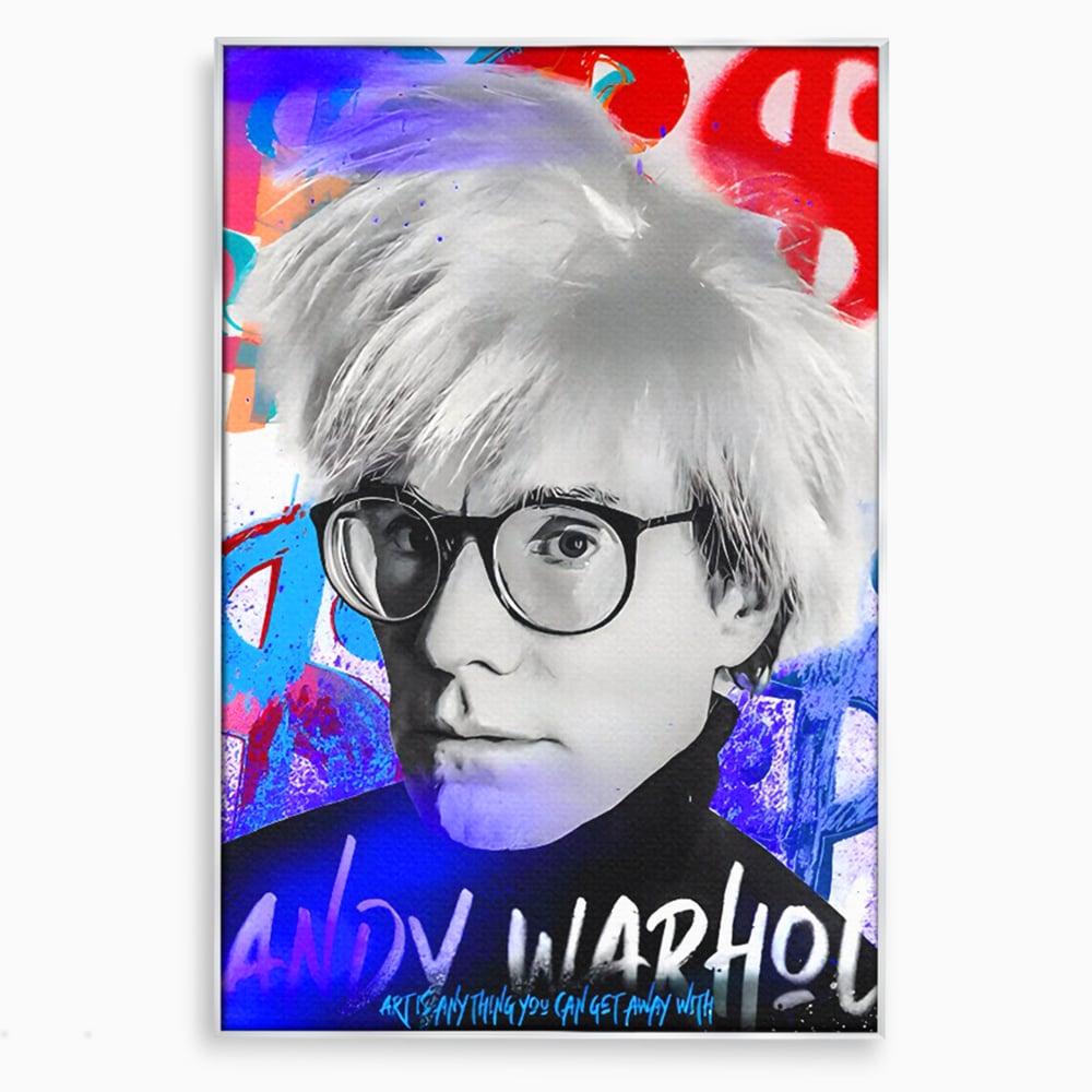Tablou canvas cu tablou canvas cu portretul lui andy warhol, in rama de aluminiu argintiu